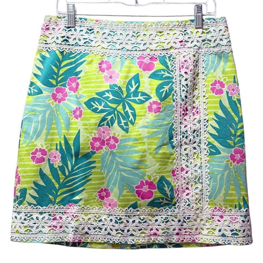 Lilly Pulitzer Lime Green Teal & Pink Tropical Lace-Trim A-Line Skirt